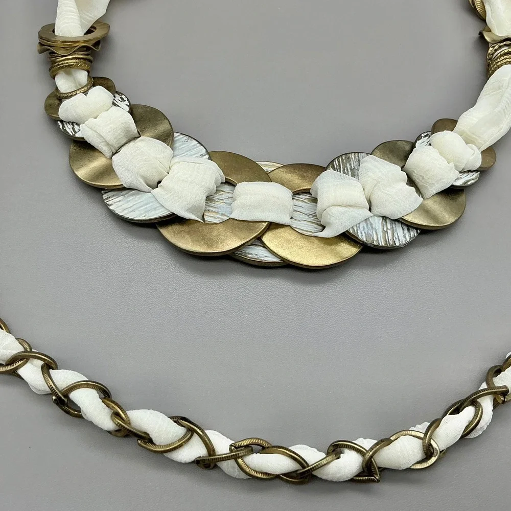 Chico's Belt Women Gold Tone White Fabric Chain Link Woven Medallion 44 Inches